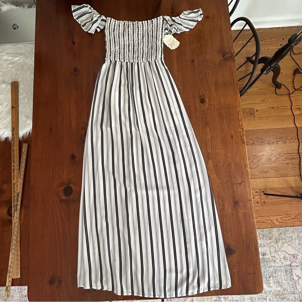 ALTAR'D STATE New Black White Stripe MAXI DRESS S Off Shoulder Smocked  preppy - Picture 12 of 15